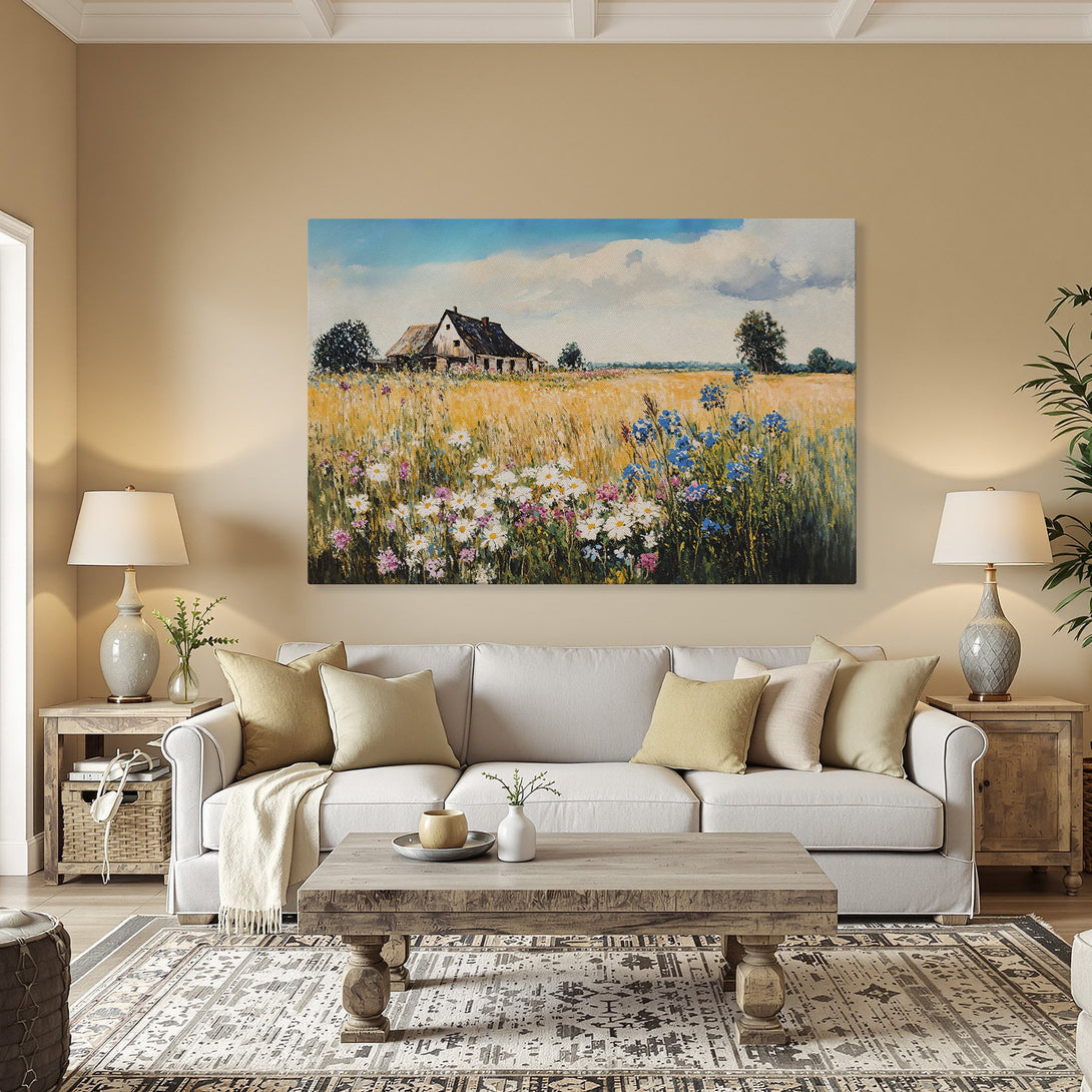 Framed Wall Art: Rustic landscape Canvas Print with wildflowers & golden field. Warm color palette, perfect for adding charm to your home decor.