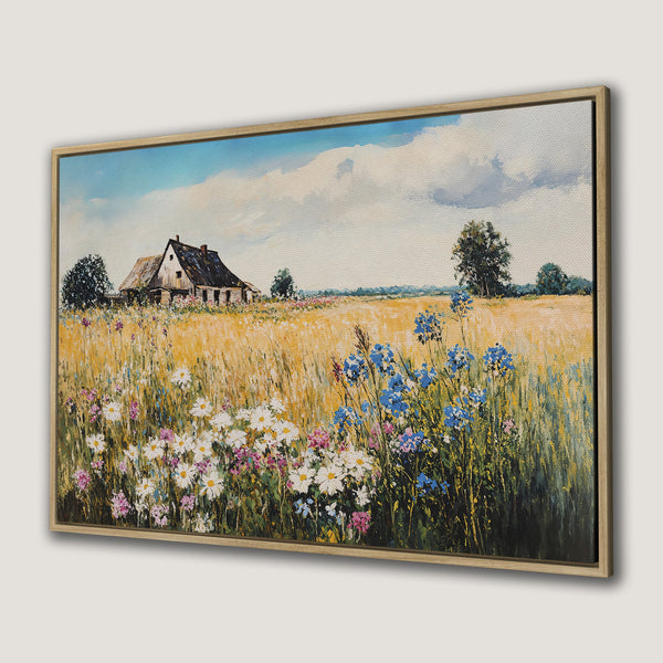 Framed Wall Art: Rustic landscape canvas print featuring a farmhouse, wildflowers, and a warm, natural color palette. Perfect for cozy decor.