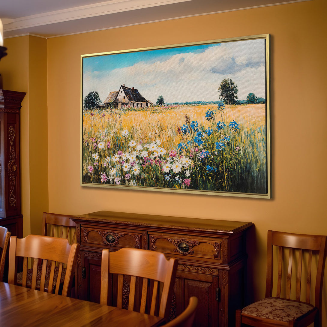 Canvas Print of a rustic landscape painting featuring a farmhouse in a field of wildflowers, warm color palette, perfect for living room decor.