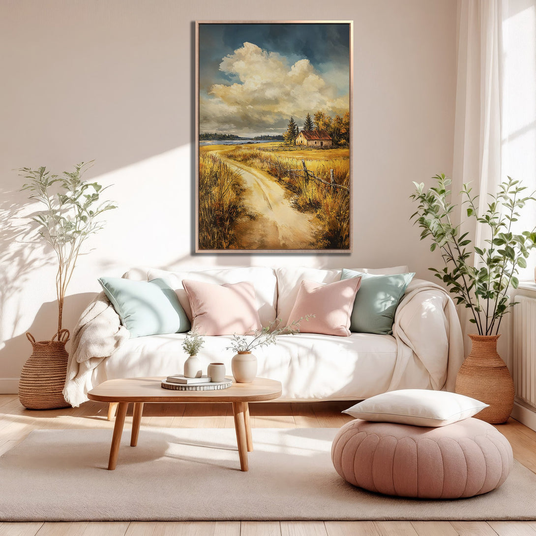 Framed Wall Art: Landscape painting with a warm, neutral color palette. Rustic style canvas print of a countryside road and house, perfect for home decor.