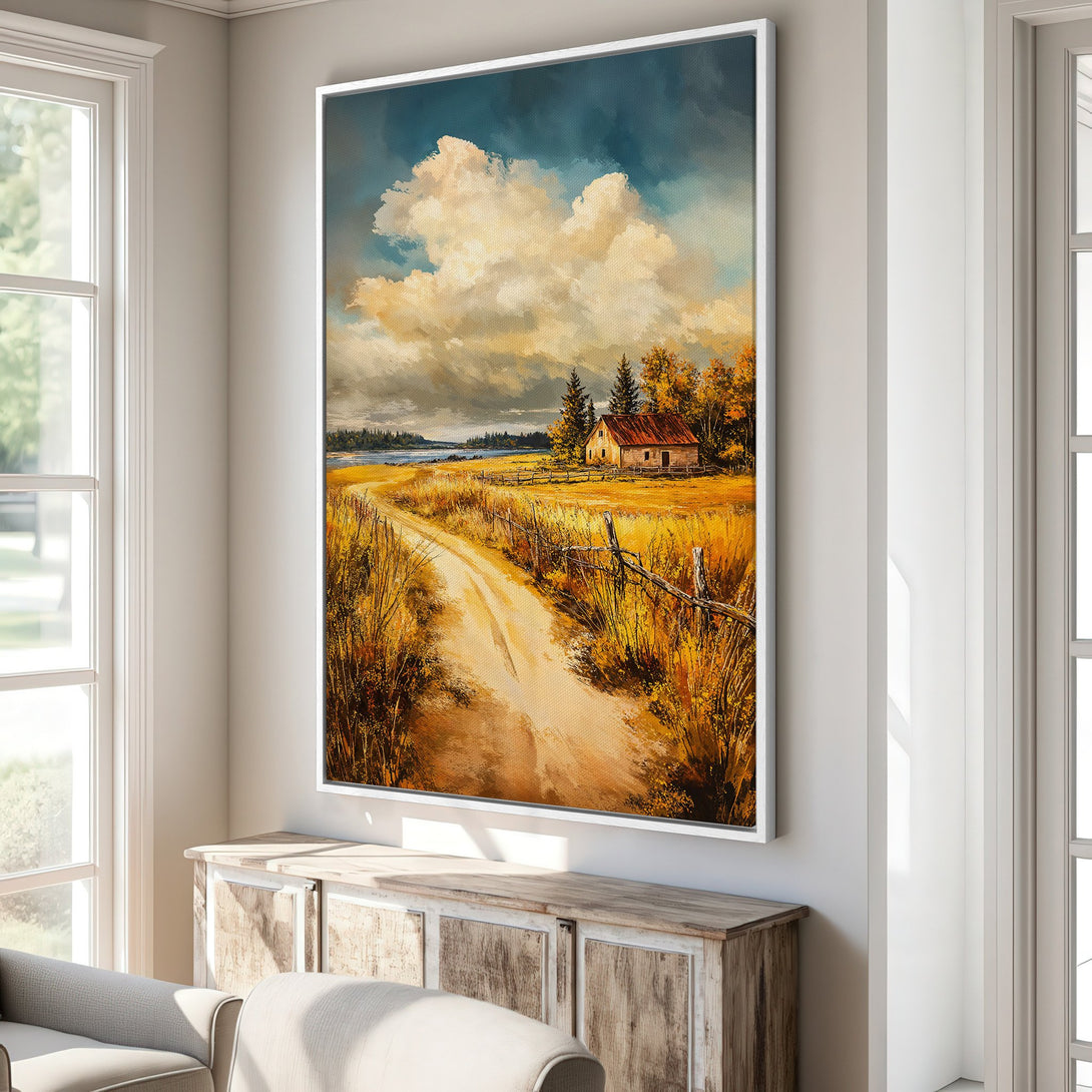 Framed Wall Art: Rustic landscape Canvas Print with a warm, golden color palette. Perfect for adding a touch of nature and charm to your home decor.