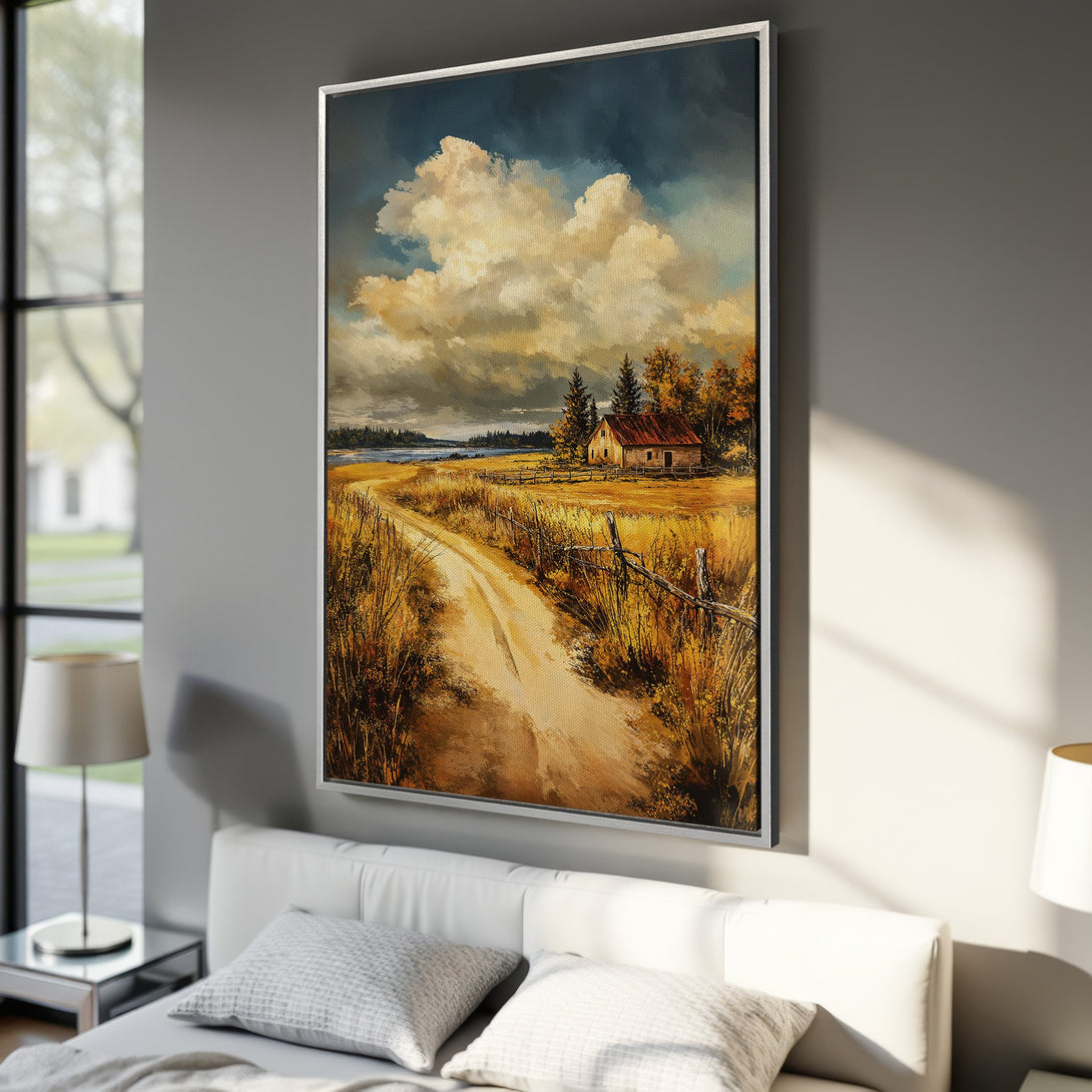 Framed Wall Art: Rustic landscape Canvas Print with warm, earthy tones. Bring the beauty of nature indoors with this stunning artwork.