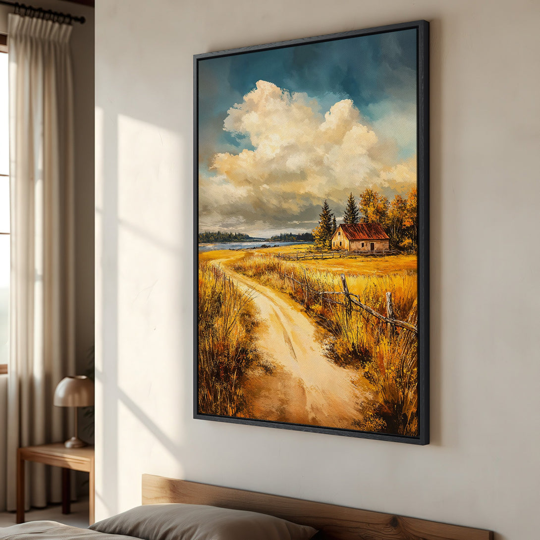 Framed Wall Art: Rustic landscape Canvas Print with a warm color palette. Features a country road, house, and sky. Perfect for farmhouse decor.