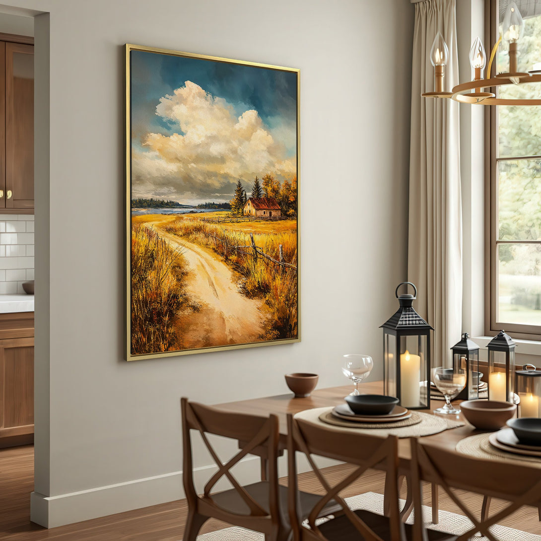 Canvas Print of a serene landscape painting in warm, earthy tones. Rustic style with a road leading to a cottage under a cloudy sky.