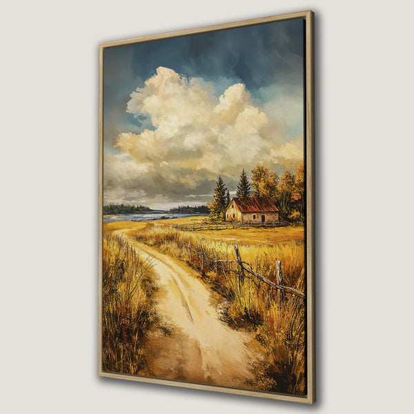Framed Wall Art: Rustic landscape Canvas Print with a warm, autumnal color palette. Features a country road, farmhouse, and dramatic sky. Perfect for home decor.
