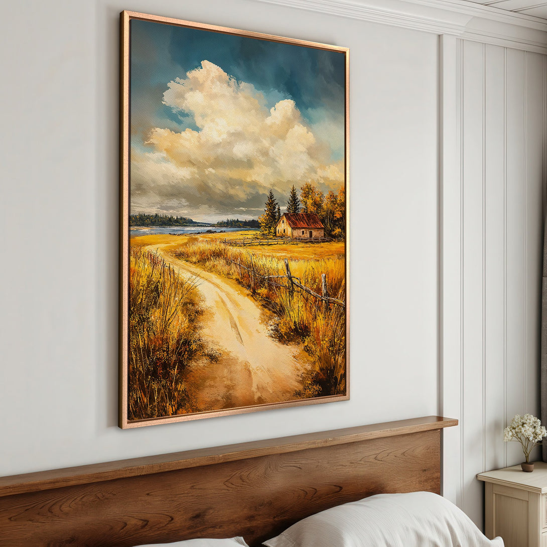 Framed Wall Art: Landscape Canvas Print with a rustic farmhouse scene in warm yellow, brown, and blue tones. Perfect for adding a cozy touch to your home.