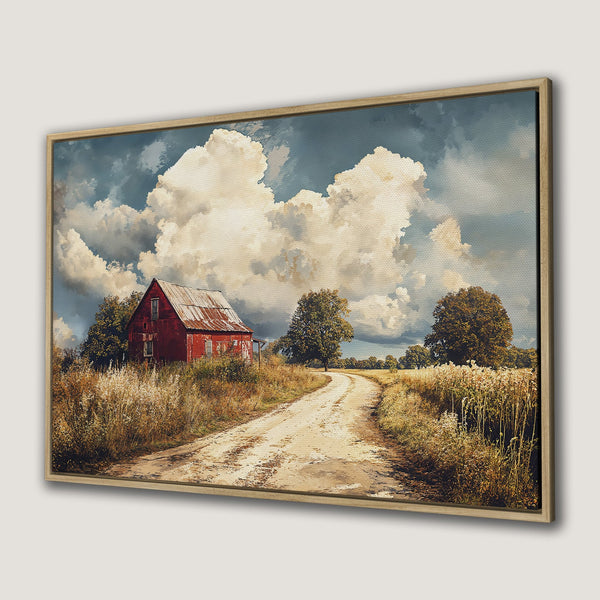 Framed Wall Art: Rustic landscape Canvas Print featuring a red barn, dirt road, and dramatic sky. Warm, earthy tones create a cozy, inviting atmosphere.