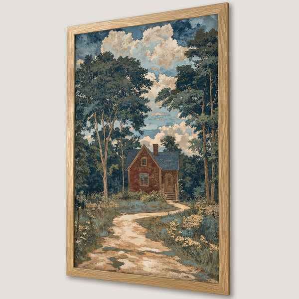 Framed Poster of a cabin in the woods, vintage style with a blue, green, and brown color palette. Perfect wall art for your home!