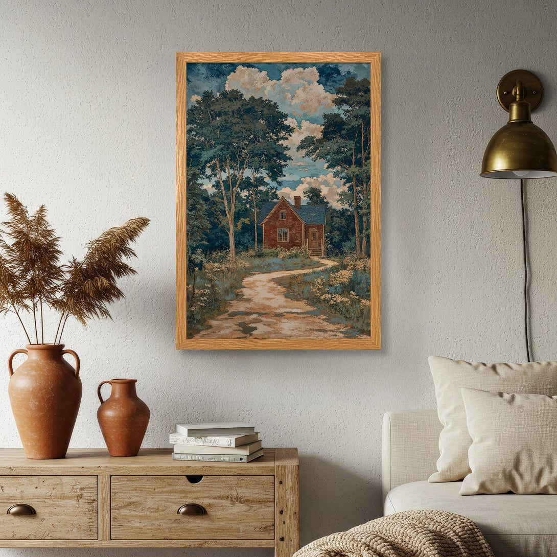 Framed Poster featuring a charming cottage scene in a vintage style, with a blue and green color palette. Perfect wall art!