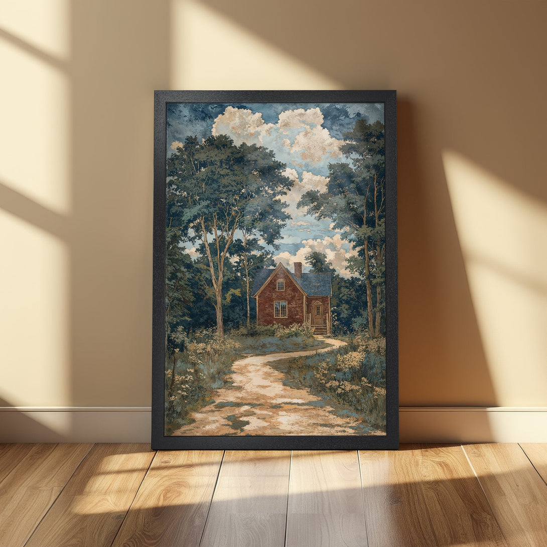 Framed Poster of a serene landscape with a house, trees, and a path. Soft blues, greens, and earth tones create a calming aesthetic. Perfect wall art!