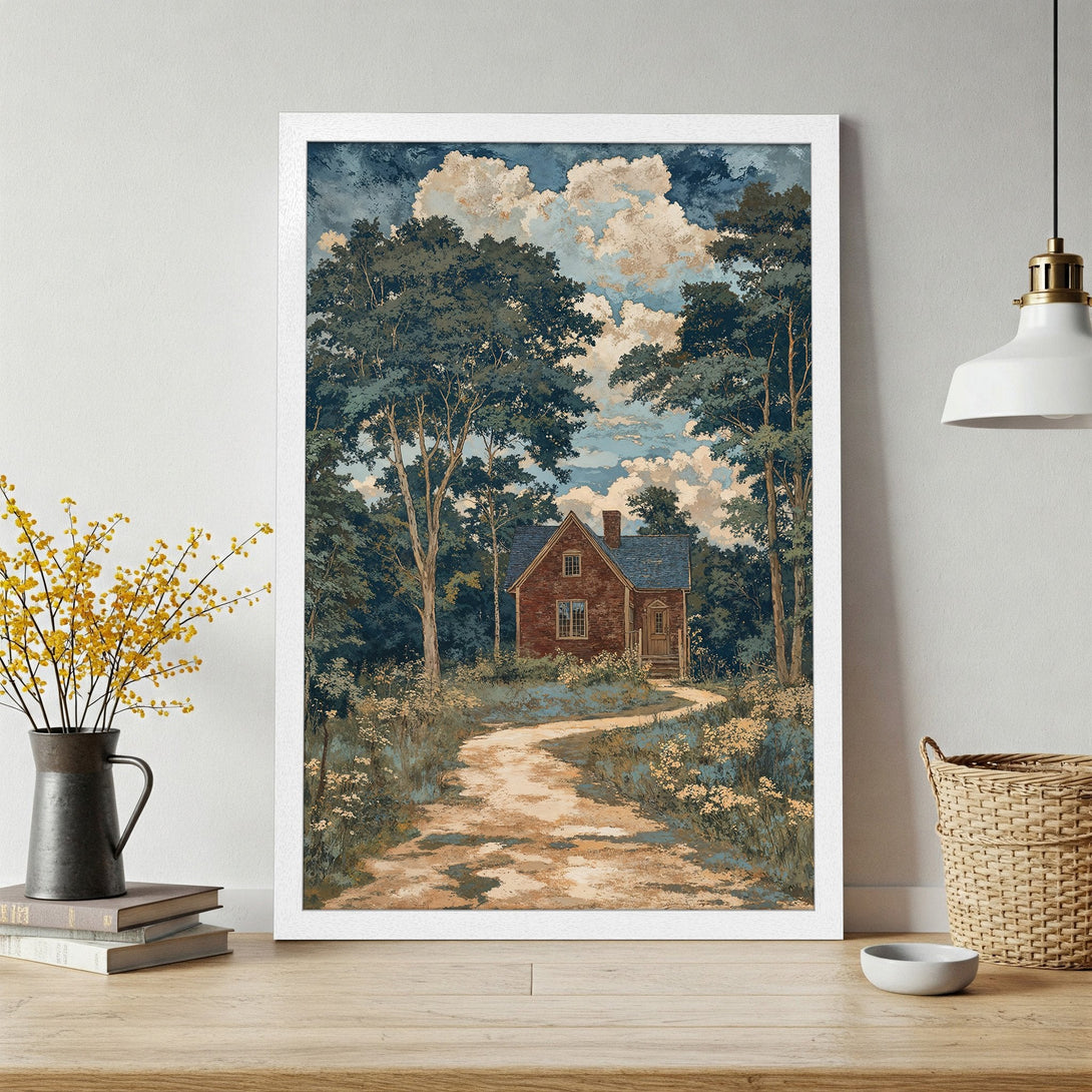 Framed Poster of a charming cottage scene in a vintage style with a blue, green, and tan color palette. Perfect for home decor!