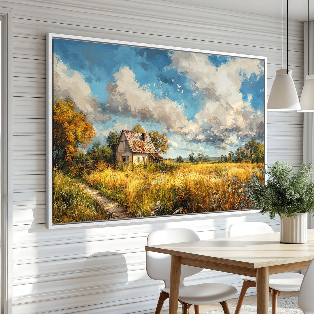 Framed Wall Art of a rustic landscape painting with a warm, golden color palette. Perfect for adding a touch of countryside charm to your home.