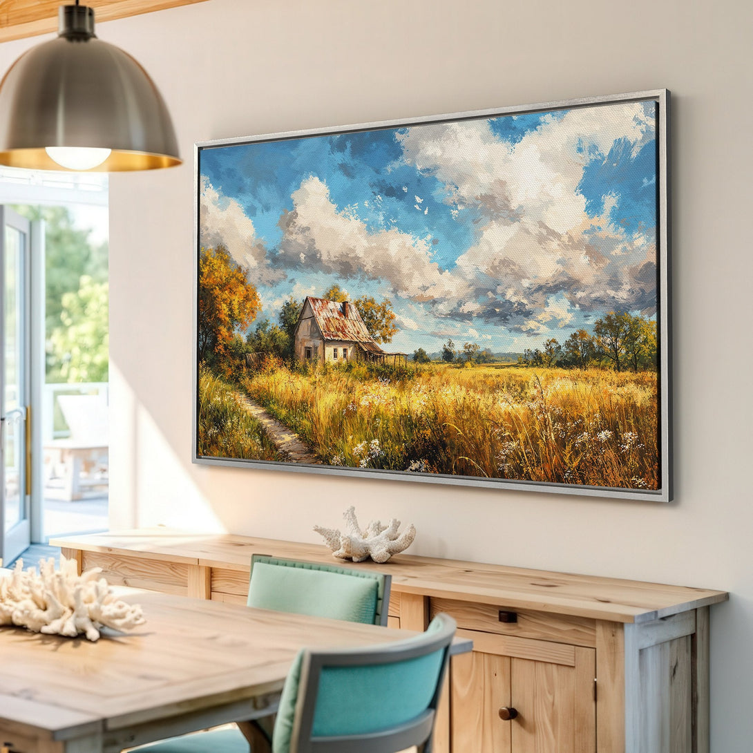 Framed Wall Art: Impressionist landscape Canvas Print with a rustic farmhouse, featuring a warm, golden color palette. Perfect for your home decor!