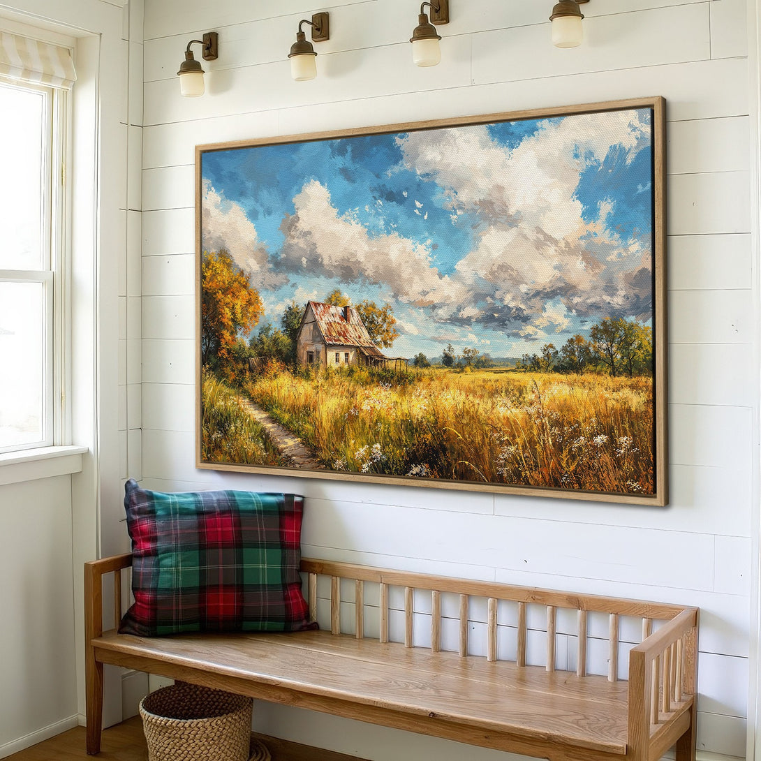 Framed Wall Art: Rustic landscape Canvas Print with warm yellows, blues, and greens. Perfect for farmhouse decor, featuring a serene countryside scene.