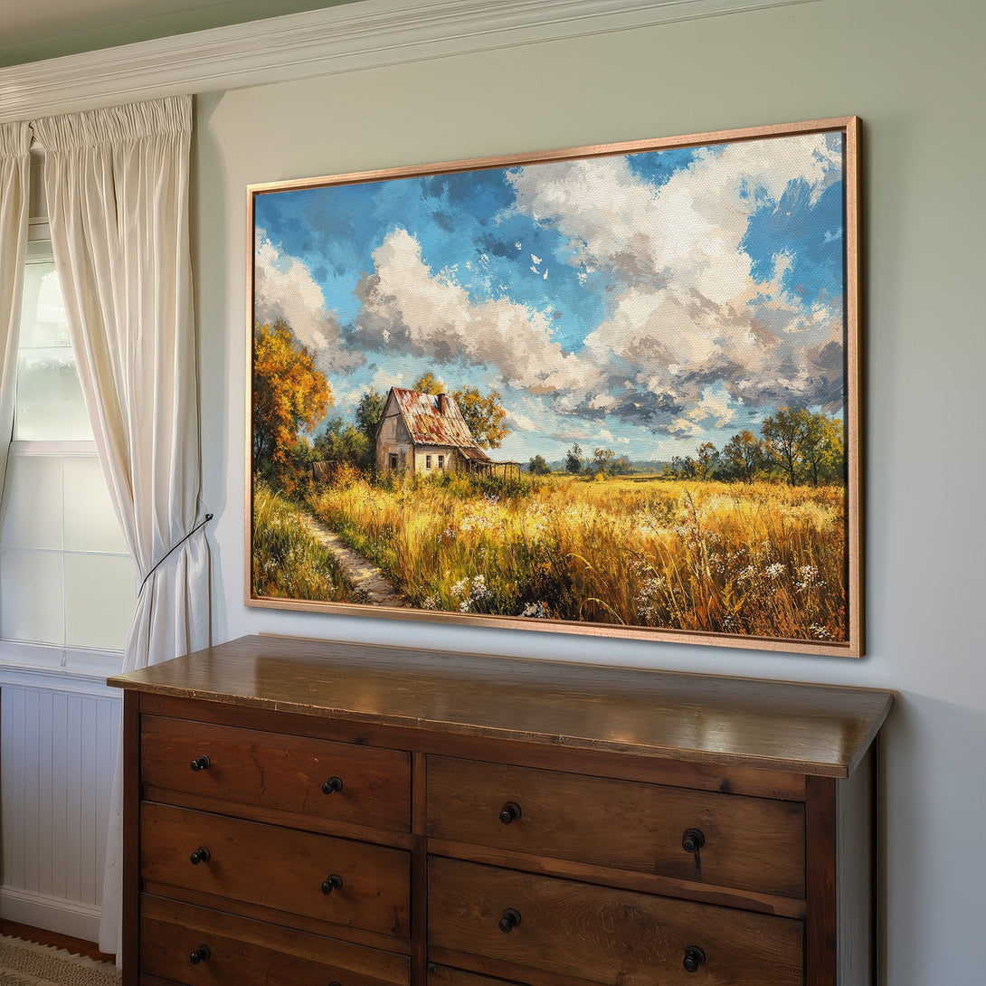 Framed Wall Art: Rustic landscape Canvas Print with a warm, golden color palette. Adds cozy charm to any space. Shop now!