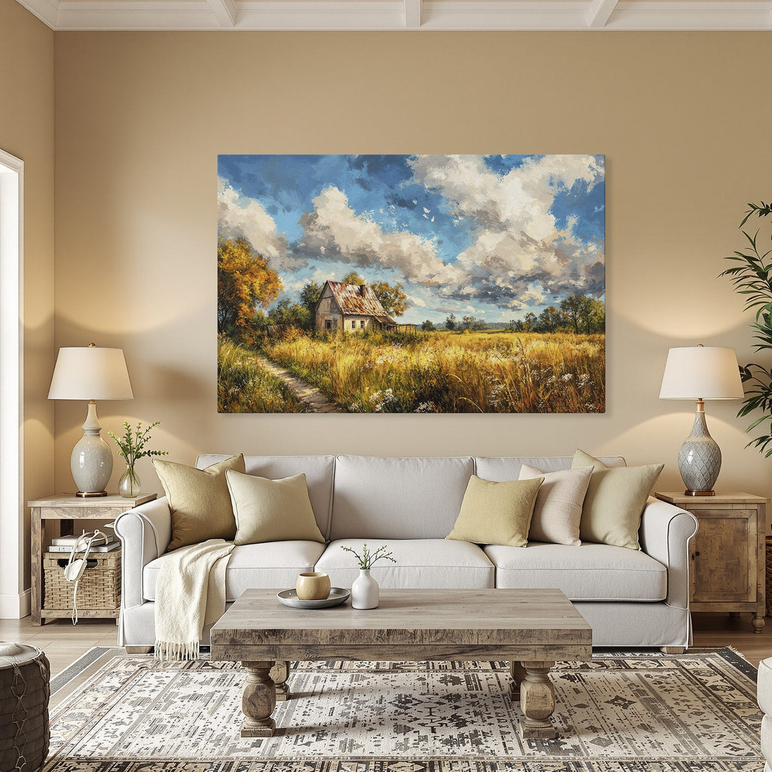 Framed Wall Art: Rustic landscape Canvas Print in warm tones. Beautiful farmhouse art with blue skies and golden fields.
