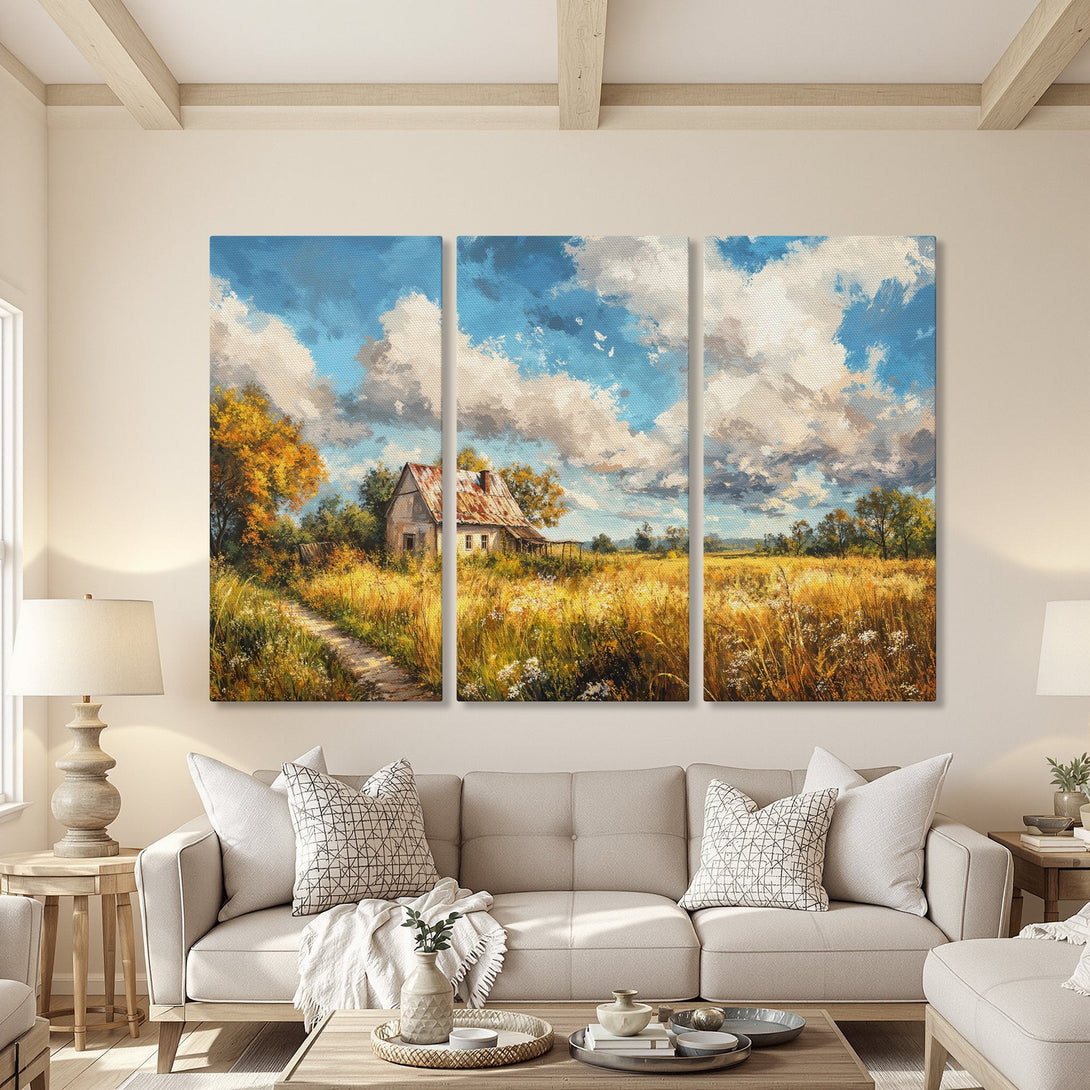 Canvas Print of a rustic landscape painting with a farmhouse, featuring a warm color palette of yellows, blues, and greens. Perfect wall art!