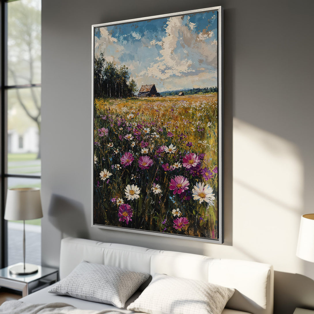 Framed Wall Art: Impressionist landscape Canvas Print with wildflowers, barn, and sky. Vibrant colors of blue, yellow, pink, and green add a touch of nature to your decor.