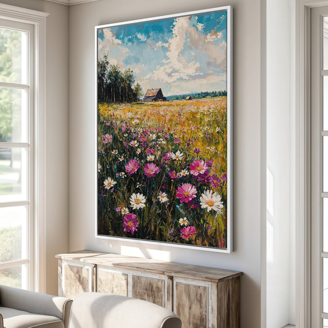 Framed Wall Art: Impressionist landscape painting of wildflowers and a barn. Vibrant colors, blue sky, and a warm, inviting palette. Perfect for home decor.