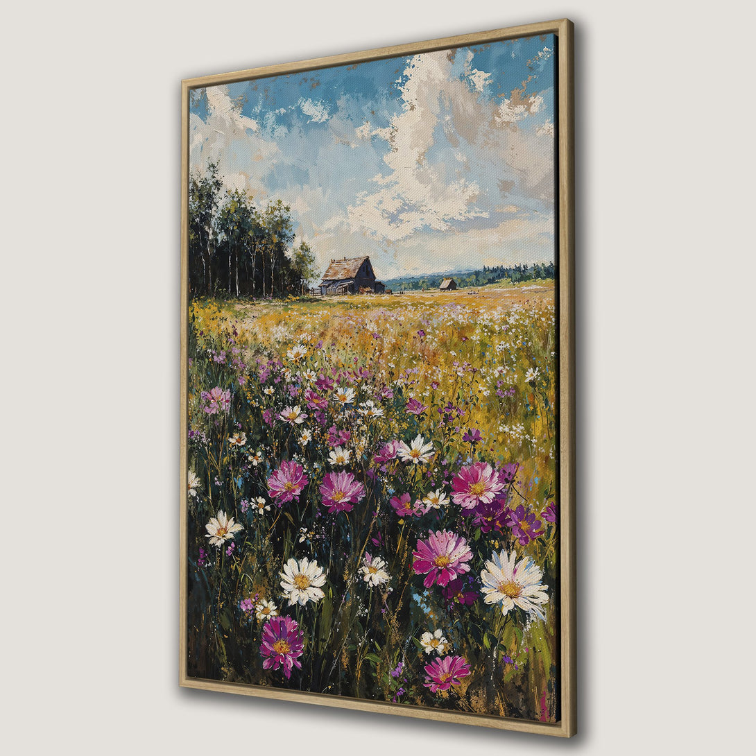 Framed Wall Art featuring a vibrant field of wildflowers in a painterly style. Blue sky, green, yellow, and pink color palette. Perfect for home decor!
