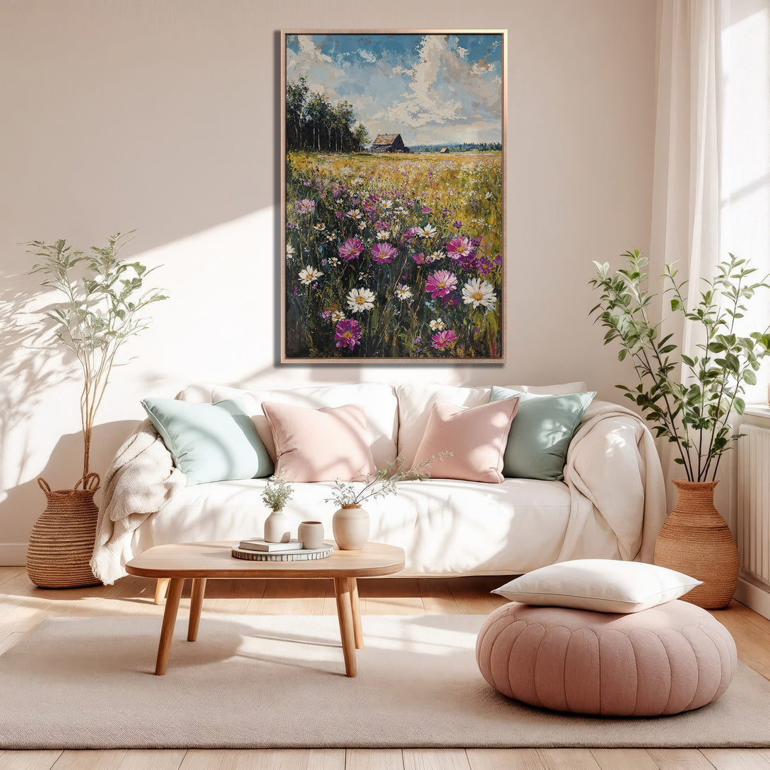 Framed Wall Art: Impressionist field painting in a living room. Features vibrant wildflowers with a warm, neutral color palette. Perfect for adding a touch of nature.