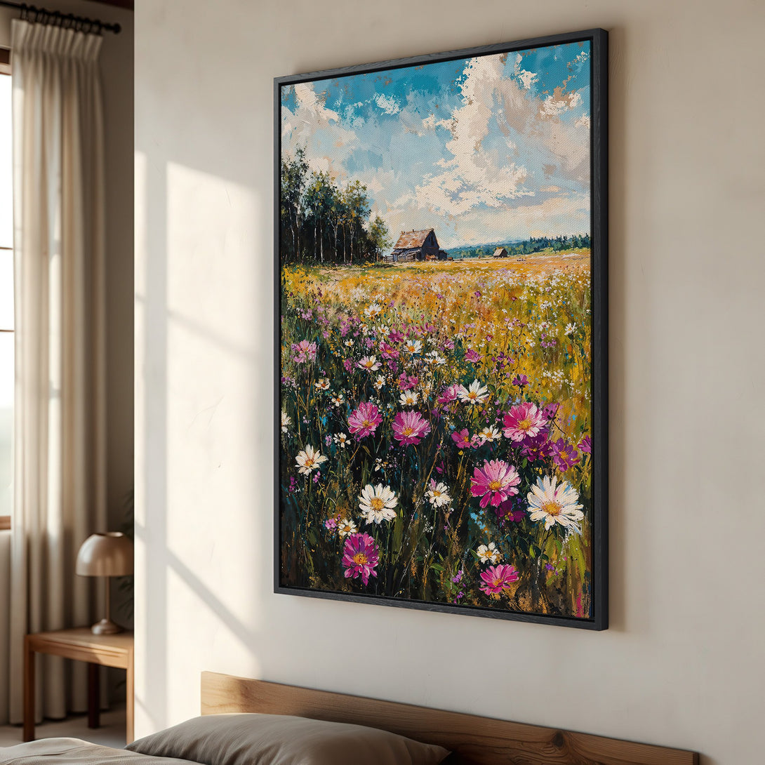 Framed Wall Art: Impressionist landscape Canvas Print with wildflowers, barn, and blue sky. Warm, inviting color palette for cozy home decor.