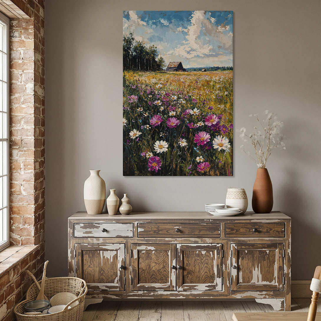 Framed Wall Art featuring a vibrant field of flowers in a blue, yellow, and pink color palette. Perfect for adding a touch of nature to your home decor.