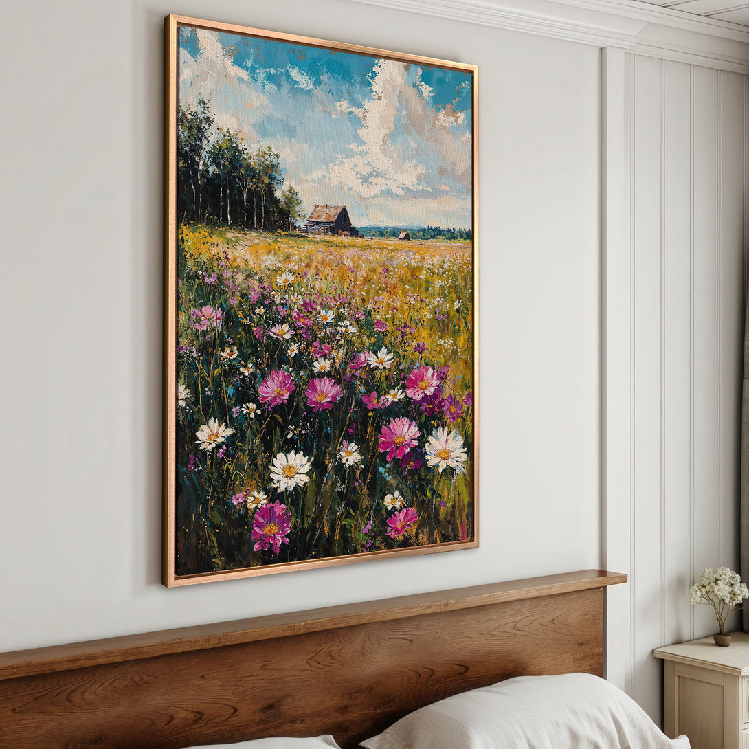 Framed Wall Art: Impressionist landscape Canvas Print with wildflowers, barn, and blue sky. Warm, vibrant colors perfect for bedroom decor.