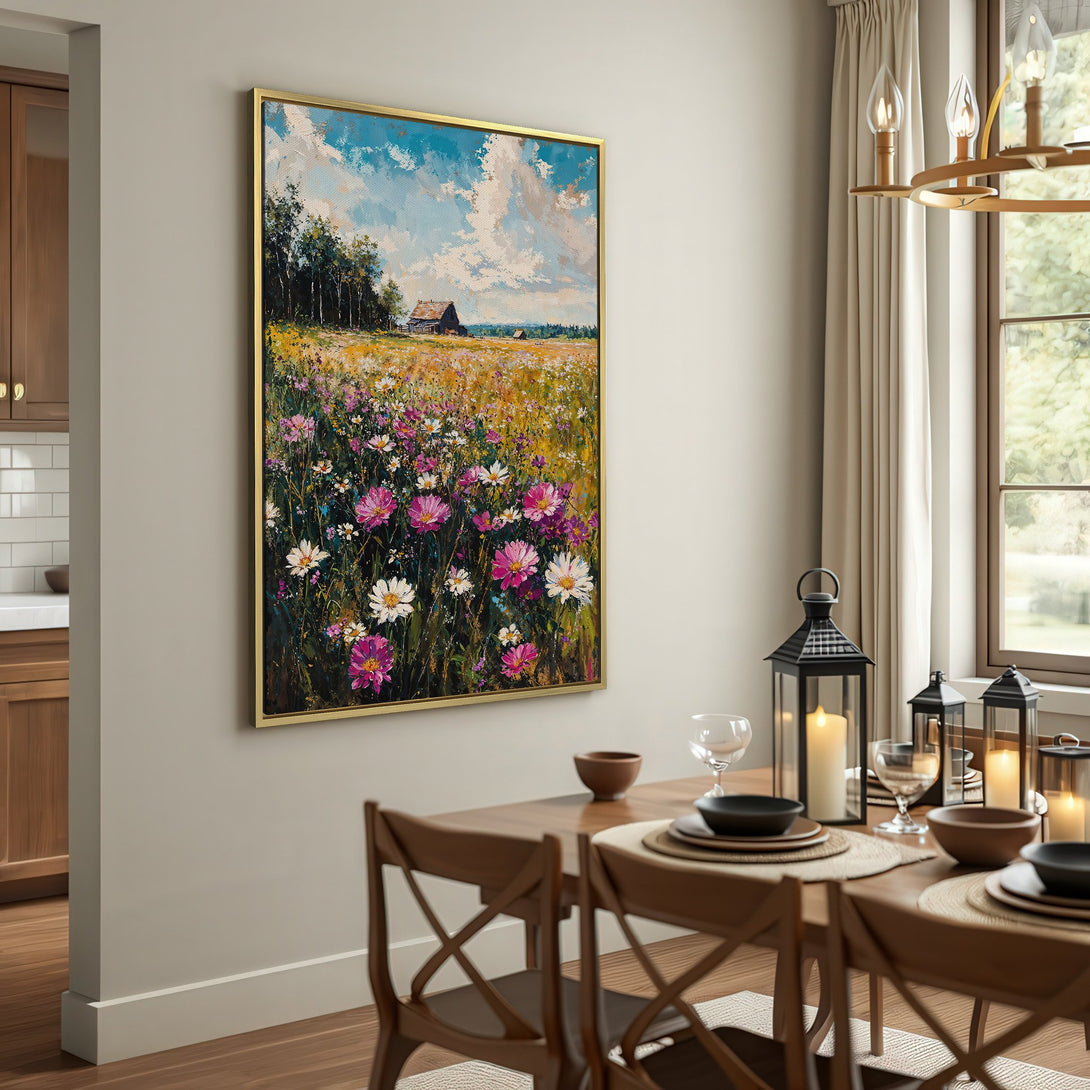 Canvas Print of a vibrant field of wildflowers with a barn. Impressionistic style, featuring a blue, yellow, and purple color palette. Perfect wall art.
