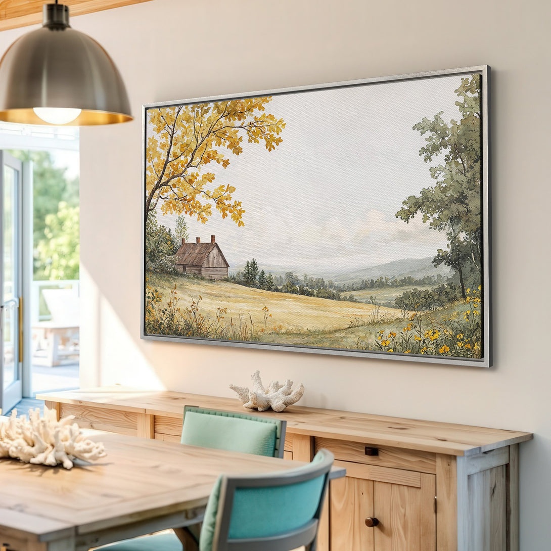 Framed Wall Art: Landscape Canvas Print with a rustic cabin, featuring a warm yellow and green color palette. Perfect for farmhouse decor.