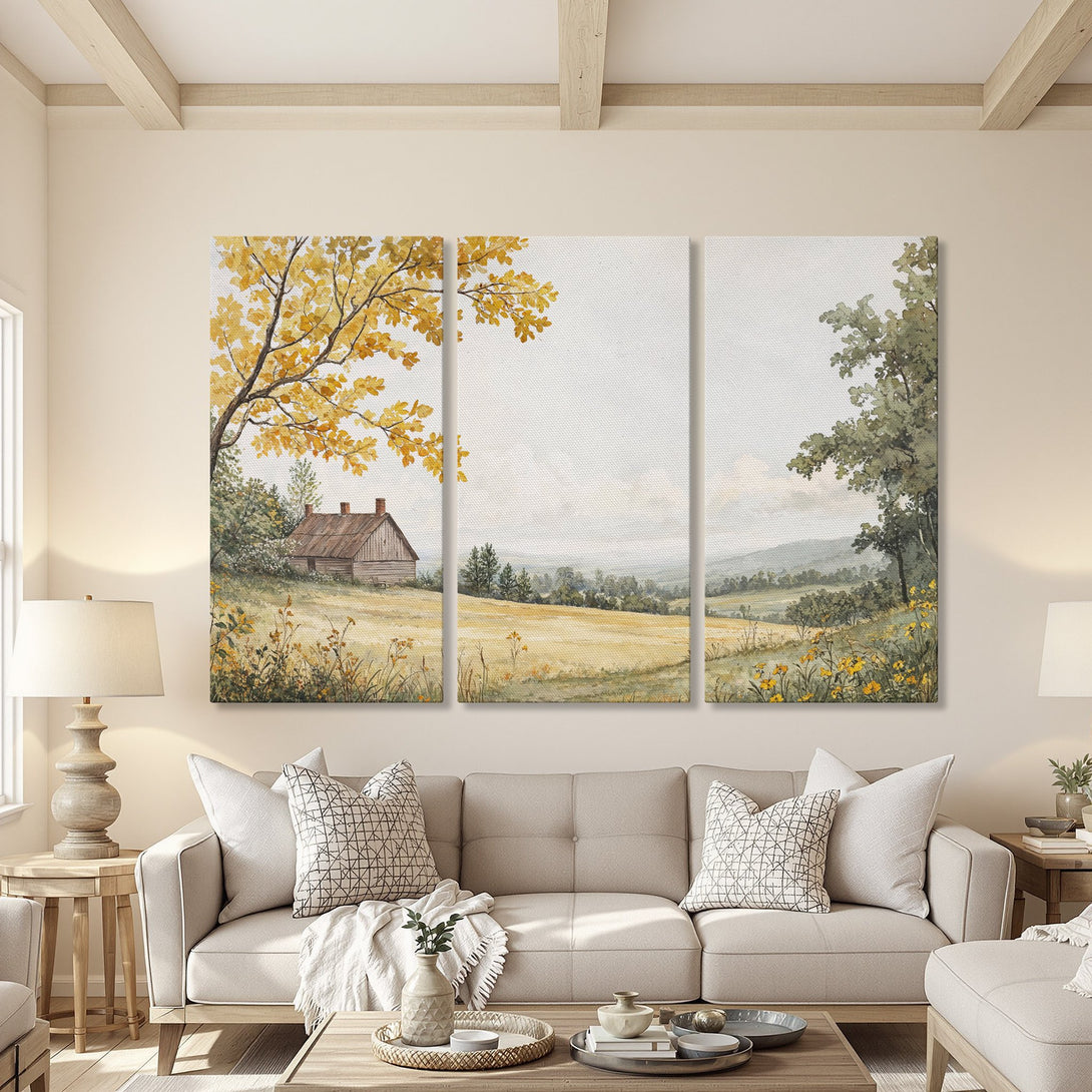 Canvas Print of a serene landscape painting in warm yellows and greens, perfect for adding a touch of nature to your home decor.