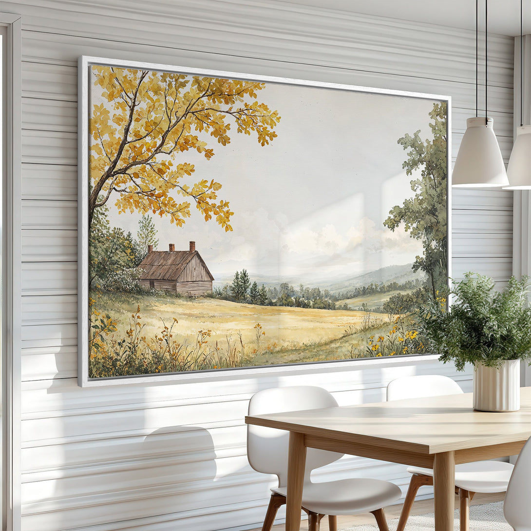 Framed Wall Art: Rustic landscape Canvas Print with a warm yellow and green color palette. Perfect for adding a touch of nature to your dining room.