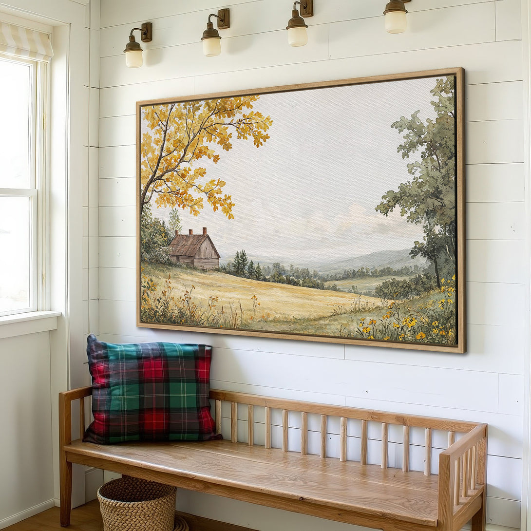 Framed Wall Art featuring a rustic landscape scene in warm yellow and green tones. Perfect for adding a touch of nature to your home decor.