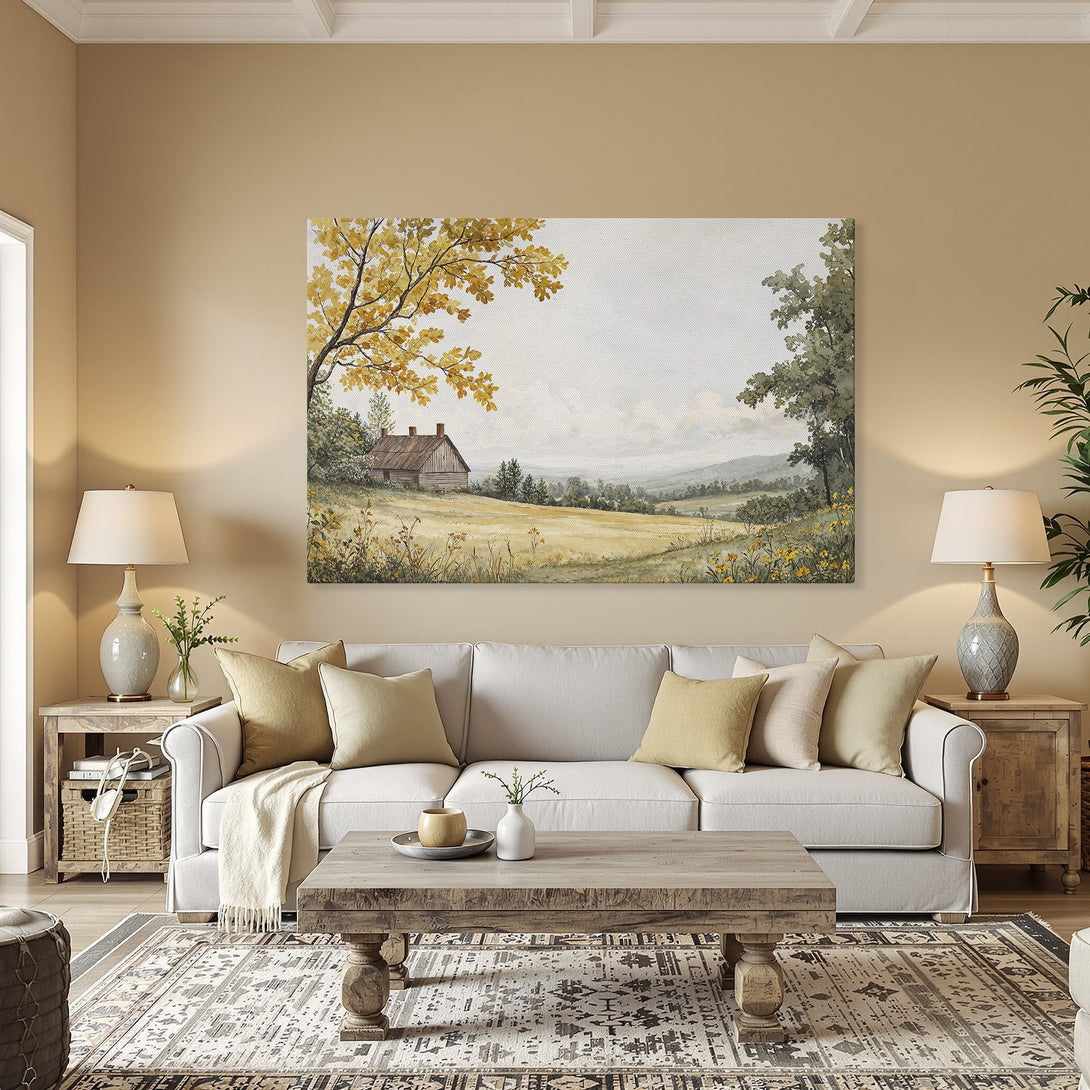 Framed Wall Art of a serene landscape with a barn, featuring a warm, neutral color palette. Perfect for adding a touch of nature to your home decor.