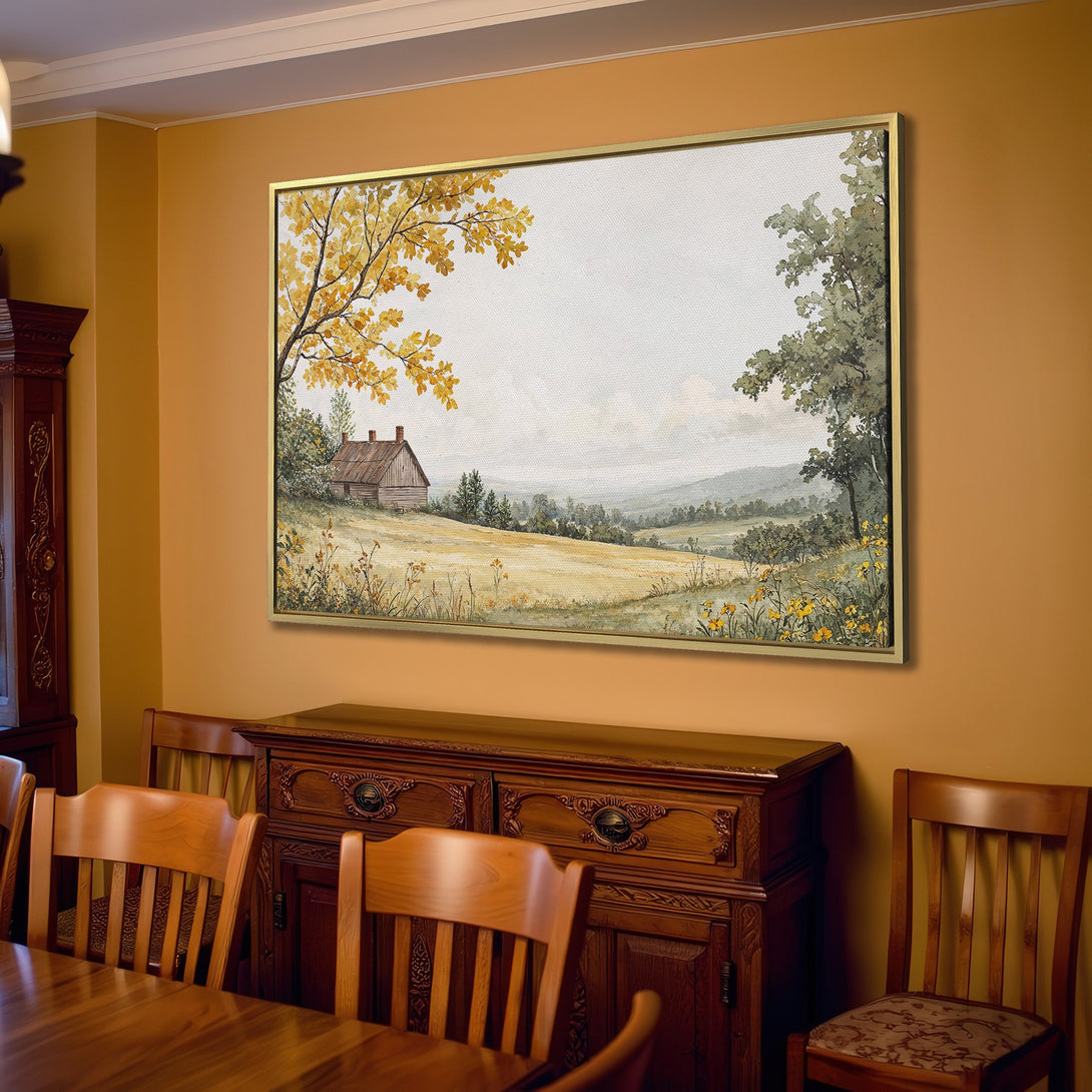 Canvas Print of a serene landscape with a farmhouse, featuring warm earth tones and a classic, rustic style. Perfect for adding a touch of nature to your home.