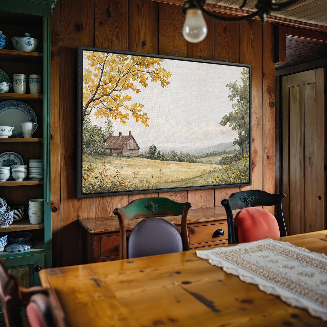 Framed Wall Art: Rustic landscape Canvas Print in warm yellows and greens. Adds cozy charm to any space. Shop now for farmhouse decor!