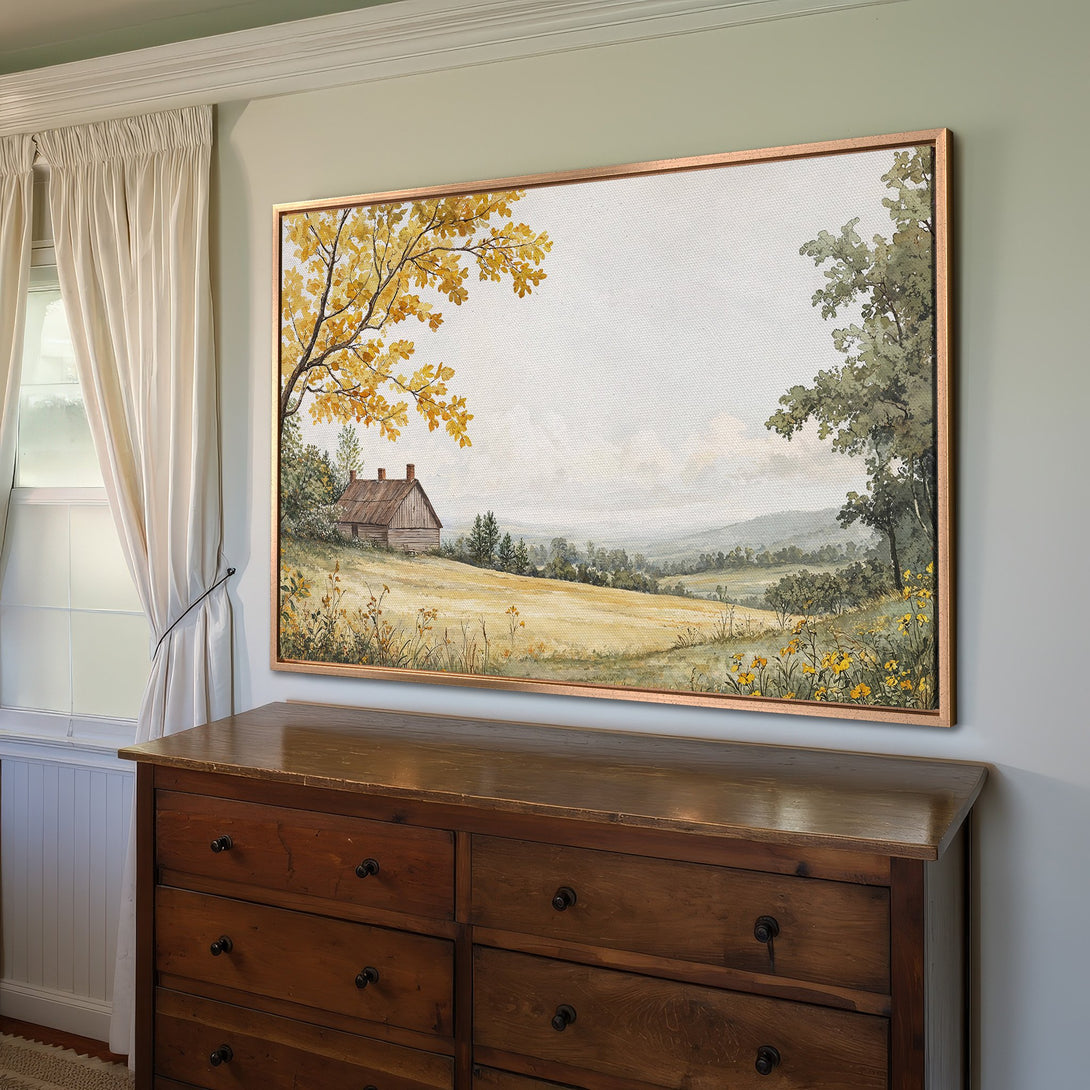 Framed Wall Art: Rustic landscape Canvas Print with a warm, autumnal color palette. Features a charming farmhouse and golden foliage. Perfect for cozy interiors!