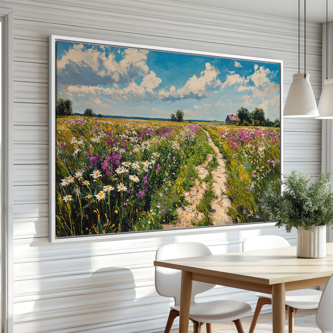 Framed Wall Art: Impressionist landscape Canvas Print with a field of wildflowers, blue sky, and vibrant colors. Perfect for home decor.