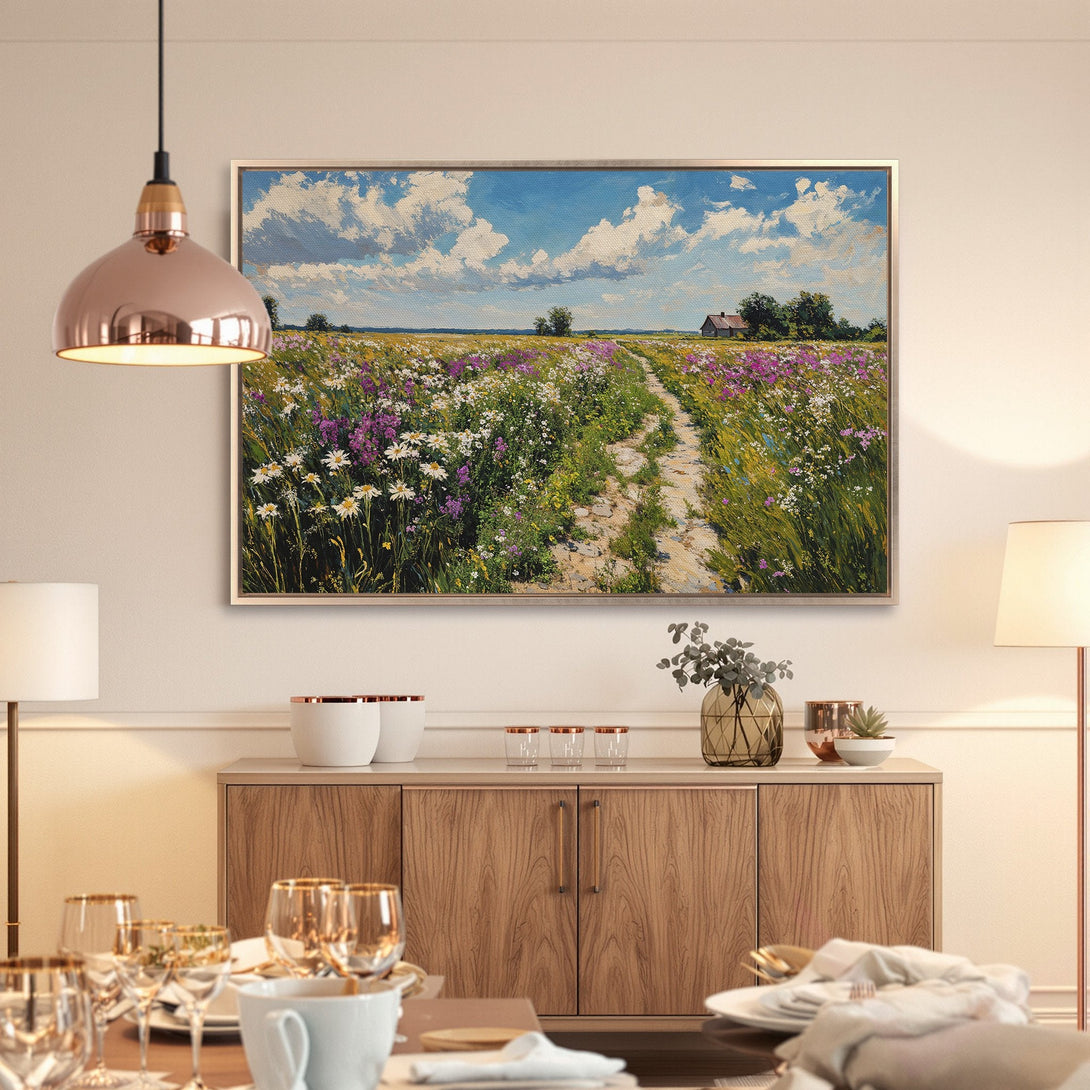 Framed Wall Art: Impressionist landscape Canvas Print with vibrant wildflowers, blue sky, and a warm, inviting color palette. Perfect for home decor.