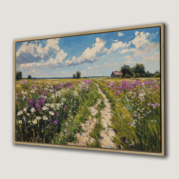 Framed Wall Art Canvas Print: Impressionist landscape with wildflowers, path, and blue sky. Earthy tones with pops of purple, white, and green. Bring nature indoors!