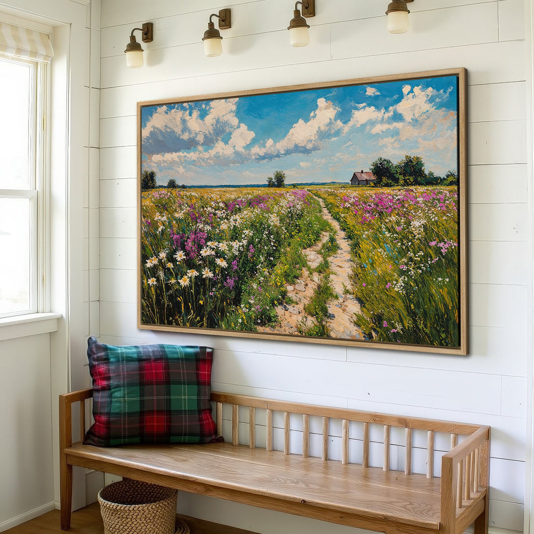 Framed Wall Art: Impressionist landscape Canvas Print with wildflowers, blue sky, and warm earth tones. Perfect for adding a touch of nature to your home.