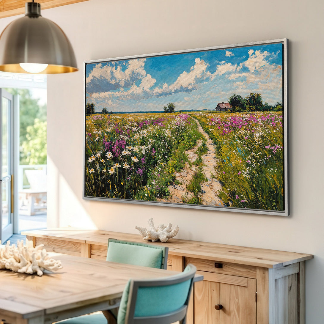 Framed Wall Art: Impressionist landscape Canvas Print with vibrant wildflowers, blue sky & sunny color palette, perfect for adding a touch of nature to your home.