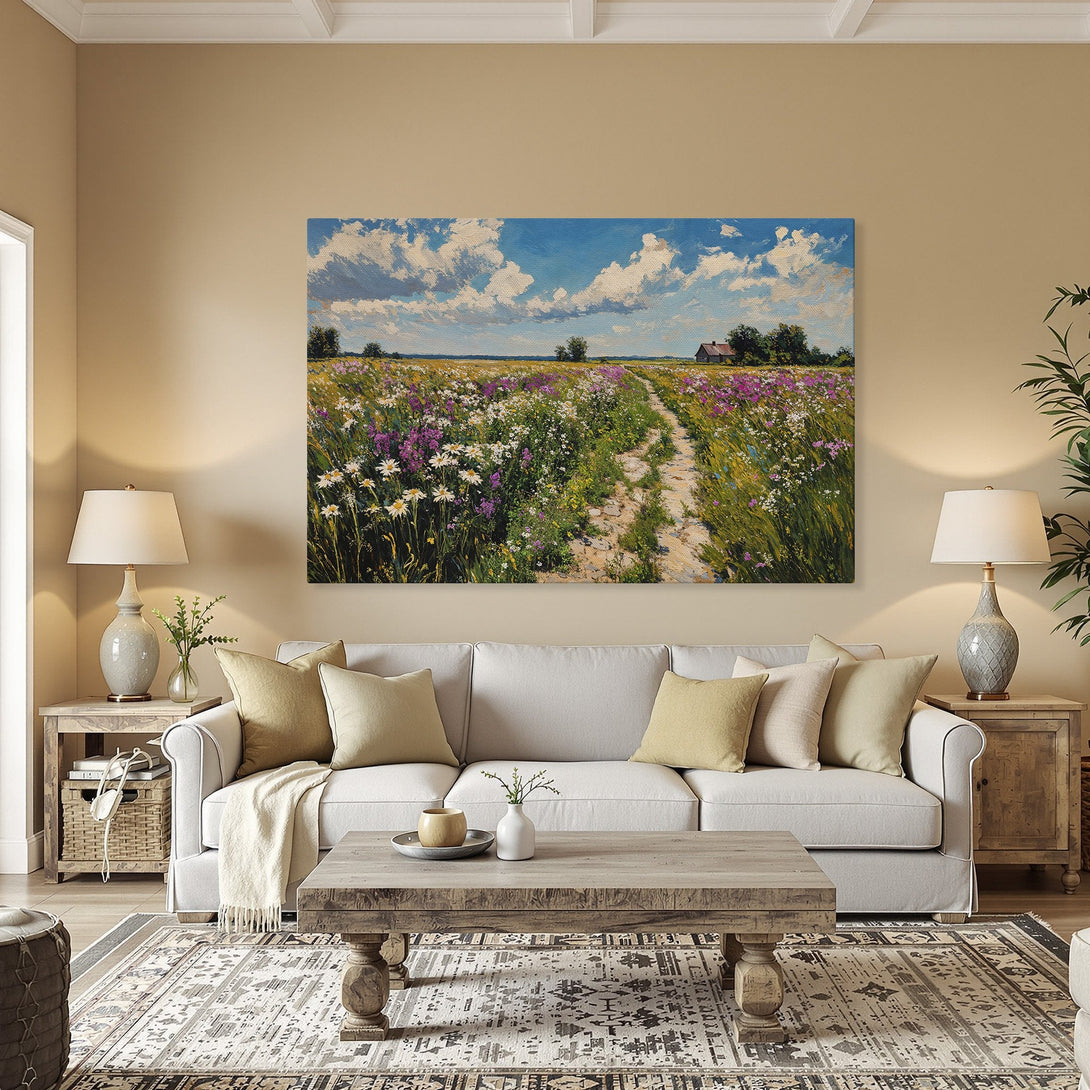 Framed Wall Art: Impressionist landscape Canvas Print with wildflowers, blue sky, and vibrant colors. Perfect for adding a touch of nature to your home decor.