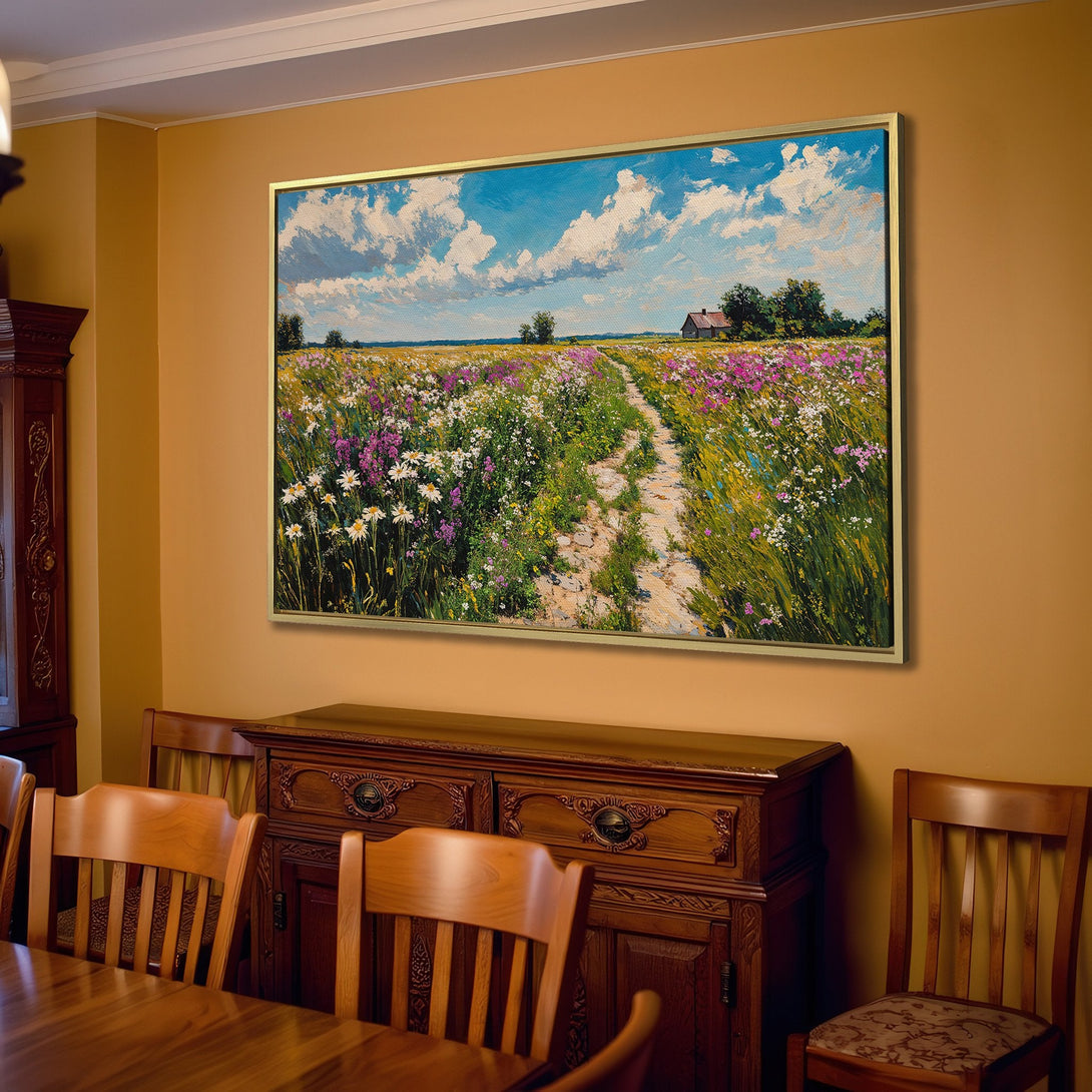 Canvas Print of a vibrant wildflower field painting in a warm, inviting interior. Features a blue sky, green, yellow, and purple color palette.