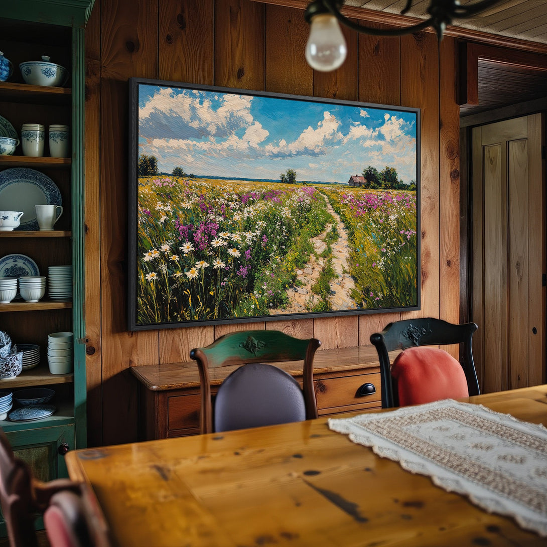 Framed Wall Art: Landscape Canvas Print with wildflowers and blue sky, warm color palette, perfect for rustic home decor.