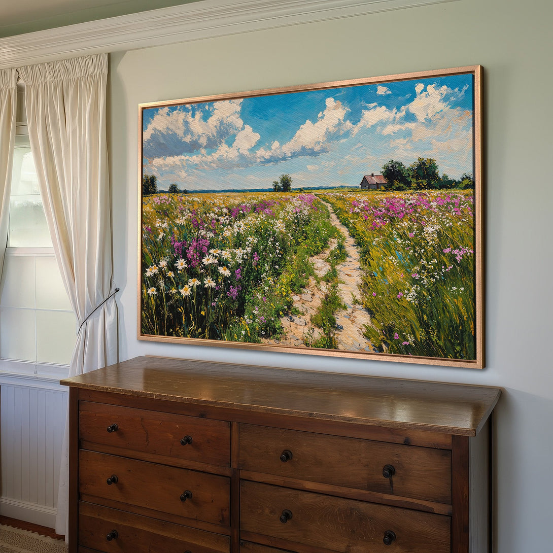 Framed Wall Art: Impressionist landscape Canvas Print with vibrant wildflowers, blue sky, and a warm color palette. Perfect for adding art to your home!