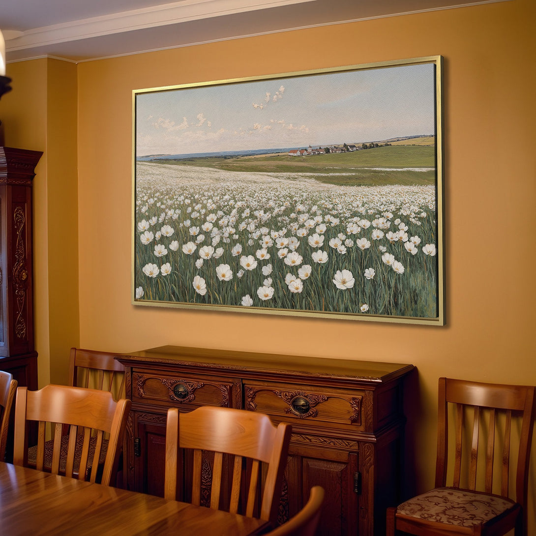 Canvas Print of a field of white flowers in a classic style. Soft, neutral color palette for a calming, elegant interior.