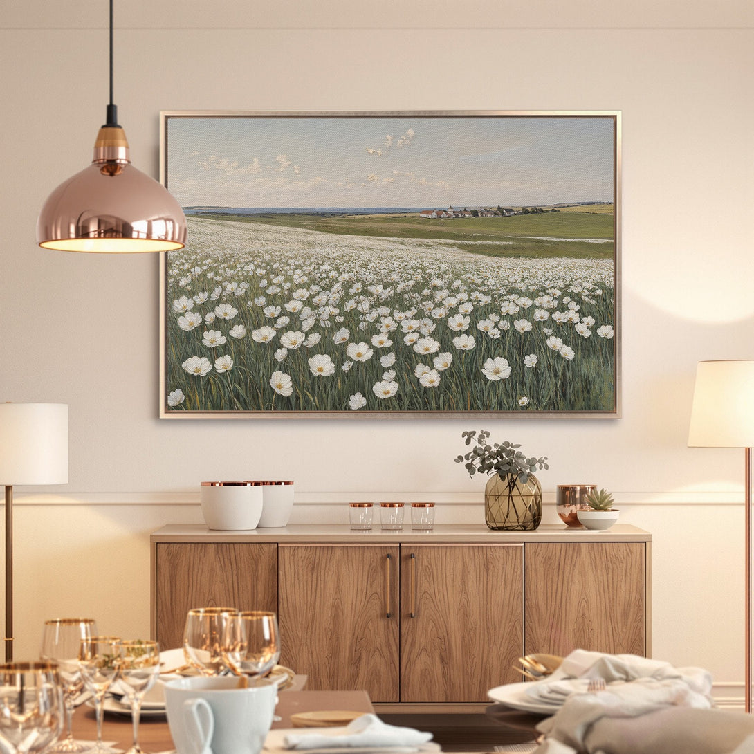 Framed Wall Art: Field of white flowers in a soft, impressionistic style. Earthy tones and serene landscape for elegant home decor.