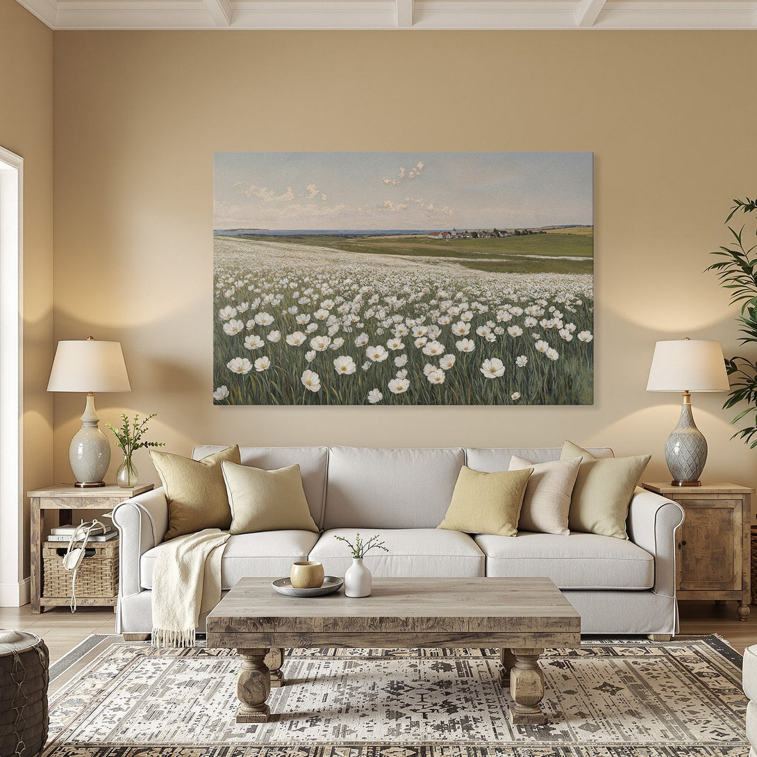 Framed Wall Art: Impressionist floral field canvas print in a warm interior. Soft, natural color palette. Perfect home decor accent.