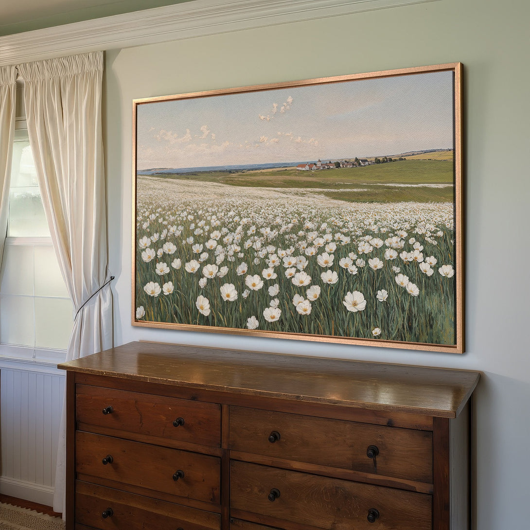 Framed Wall Art: Stunning landscape Canvas Print featuring a field of white flowers, soft green & blue tones, perfect for adding a touch of nature to your home.